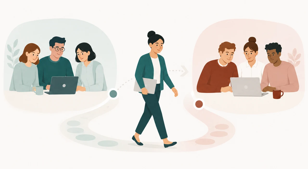 One person carrying a laptop walks from a meeting with three colleagues to a meeting with three others, along a path that joins the two teams.